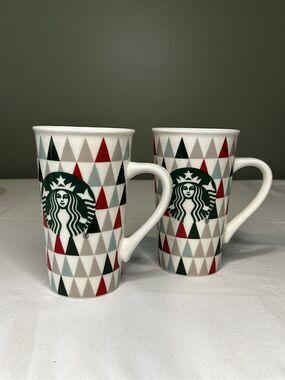 Starbucks Holiday Christmas Tree Triangle Tall Coffee Cup Mug 16oz Set of 2